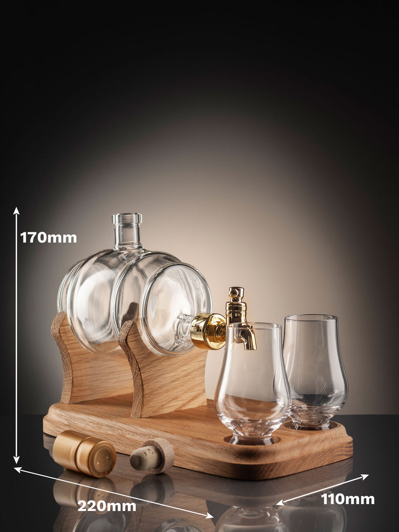 Empty Glass Refillable Barrel Decanter And 2 Glasses