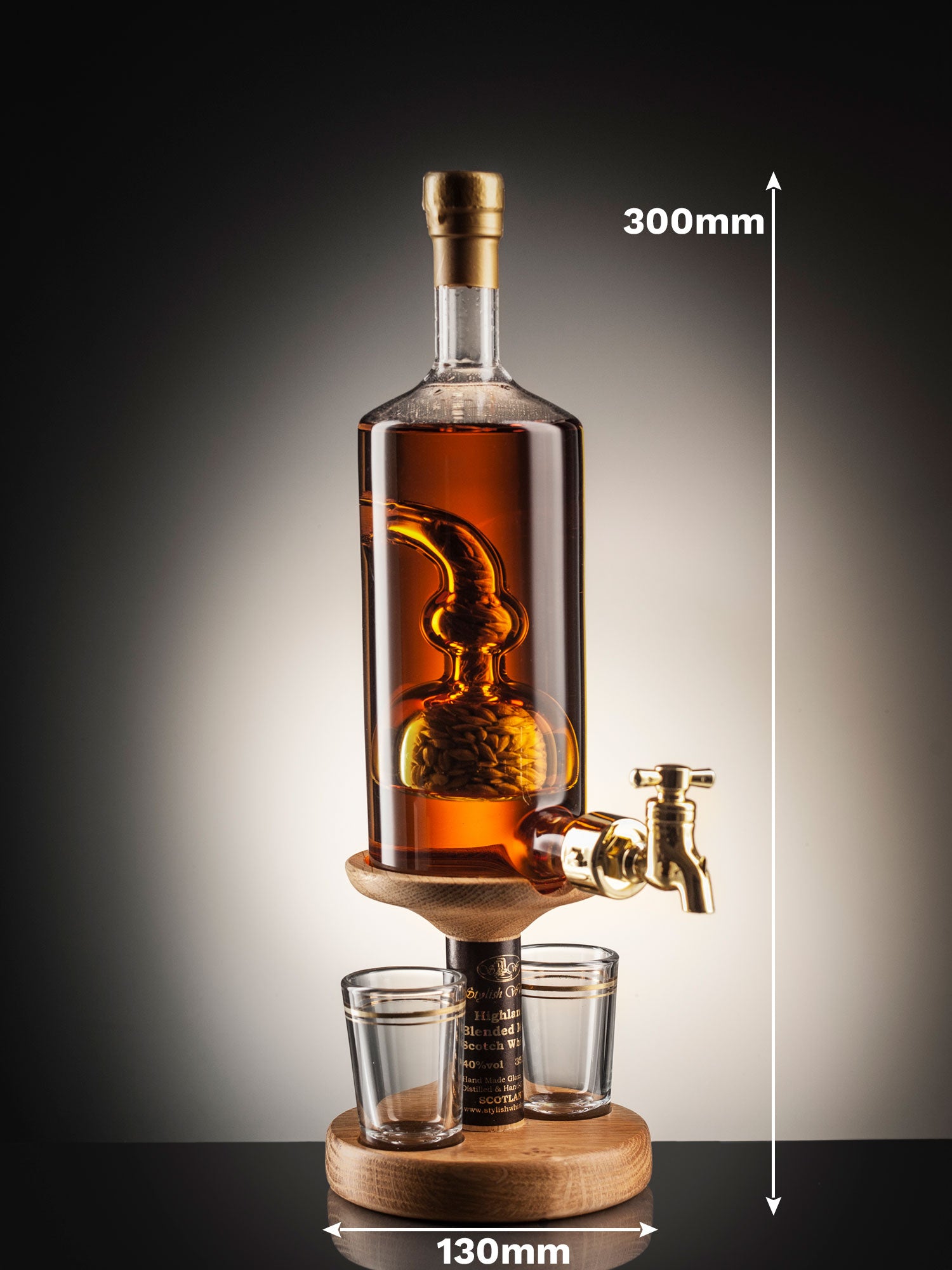 Refillable Whisky Decanter with Barley Tap & 2 Whisky Glasses